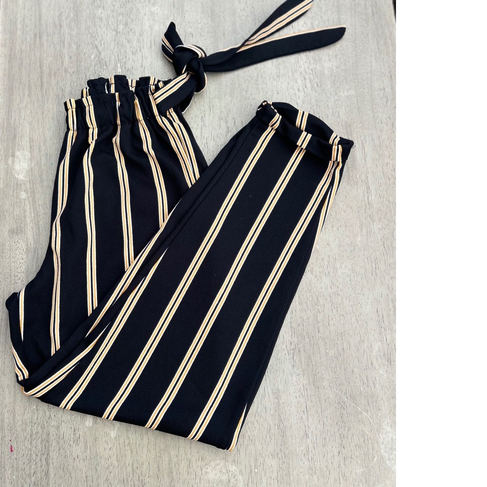 No Comment NY-LA Striped Paperbag Waist Pants Black Yellow Tapered Cuffed Medium